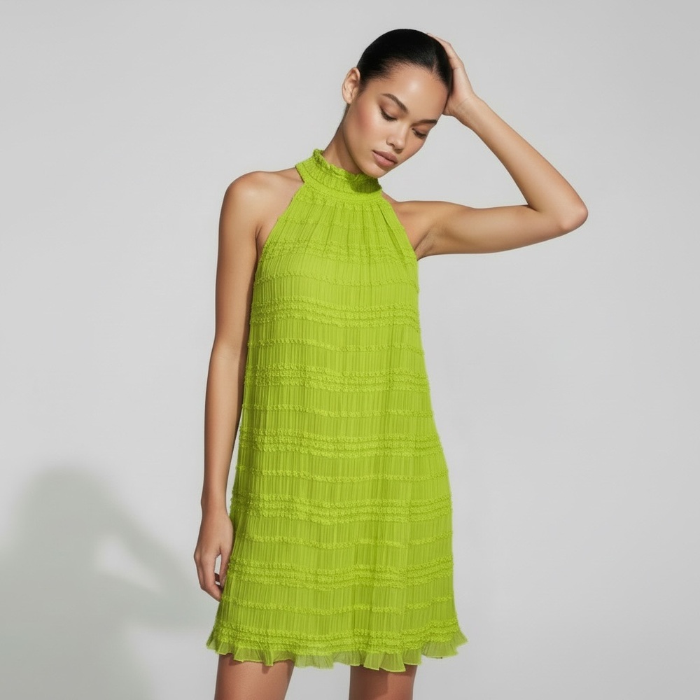 New $119 Kensie Women's Green Smocked Ruffled Halter Mock Neck Mini Dress Sz 6